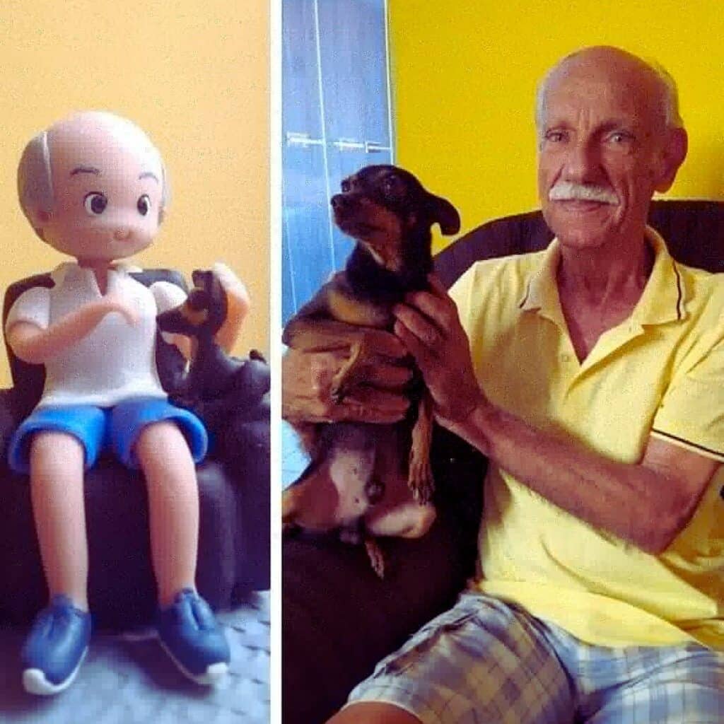 Comparação lado a lado: boneco de biscuit do vovô sentado com o cachorrinho no colo e a foto original do vovô e seu cão